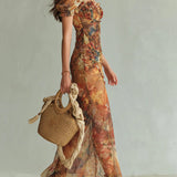 Lorraine — Long orange chiffon dress with bohemian-style oil painting print