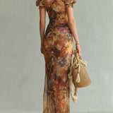 Lorraine — Long orange chiffon dress with bohemian-style oil painting print