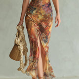 Lorraine — Long orange chiffon dress with bohemian-style oil painting print