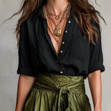 Bernadette — Two-Piece Set: Black T-Shirt and Olive Green Midi Skirt