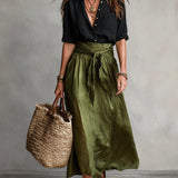 Bernadette — Two-Piece Set: Black T-Shirt and Olive Green Midi Skirt