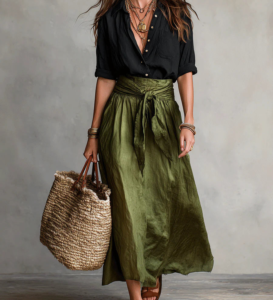 Bernadette — Two-Piece Set: Black T-Shirt and Olive Green Midi Skirt