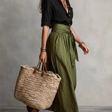 Bernadette — Two-Piece Set: Black T-Shirt and Olive Green Midi Skirt