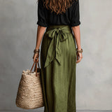 Bernadette — Two-Piece Set: Black T-Shirt and Olive Green Midi Skirt