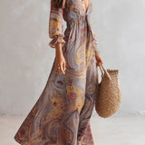 Elizabeth — Paisley Print V-neck Gathered Chiffon Maxi Dress