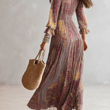 Elizabeth — Paisley Print V-neck Gathered Chiffon Maxi Dress