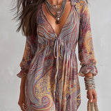Elizabeth — Paisley Print V-neck Gathered Chiffon Maxi Dress