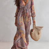 Elizabeth — Paisley Print V-neck Gathered Chiffon Maxi Dress