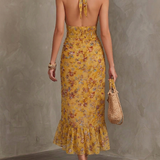Frances — Ginger Yellow Floral Halter Neck Fitted Waist Chiffon Midi Dress