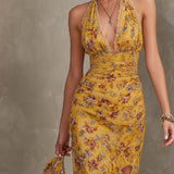 Frances — Ginger Yellow Floral Halter Neck Fitted Waist Chiffon Midi Dress