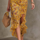 Frances — Ginger Yellow Floral Halter Neck Fitted Waist Chiffon Midi Dress