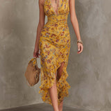 Frances — Ginger Yellow Floral Halter Neck Fitted Waist Chiffon Midi Dress