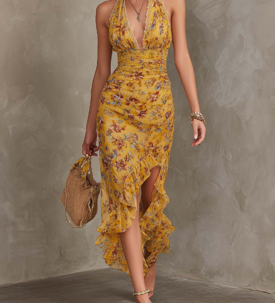 Frances — Ginger Yellow Floral Halter Neck Fitted Waist Chiffon Midi Dress