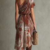Joanne — Boho One-shoulder Irregular Marble Abstract Print Chiffon Midi Dress