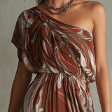 Joanne — Boho One-shoulder Irregular Marble Abstract Print Chiffon Midi Dress