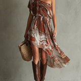 Joanne — Boho One-shoulder Irregular Marble Abstract Print Chiffon Midi Dress