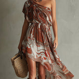 Joanne — Boho One-shoulder Irregular Marble Abstract Print Chiffon Midi Dress