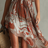 Joanne — Boho One-shoulder Irregular Marble Abstract Print Chiffon Midi Dress