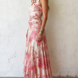 Audrey — Pink Floral Chiffon Pleated Print Sleeveless Midi Dress