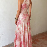 Audrey — Pink Floral Chiffon Pleated Print Sleeveless Midi Dress