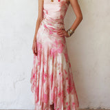 Audrey — Pink Floral Chiffon Pleated Print Sleeveless Midi Dress
