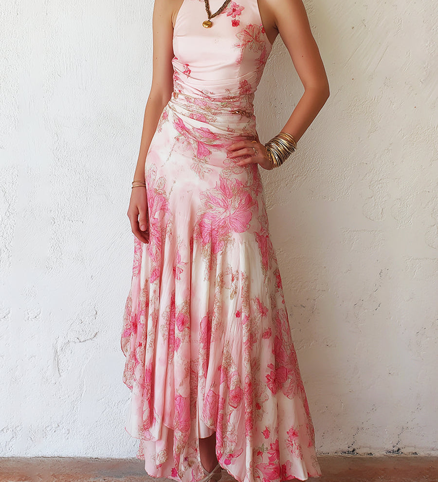 Audrey — Pink Floral Chiffon Pleated Print Sleeveless Midi Dress