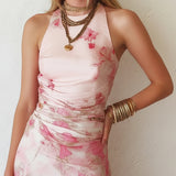 Audrey — Pink Floral Chiffon Pleated Print Sleeveless Midi Dress