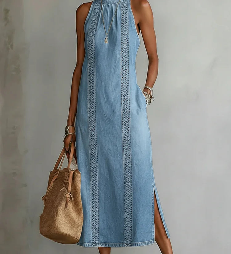 Caitlin — Retro Lace Denim Dress