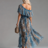 Megan — Long chiffon dress with leopard print and bare shoulders