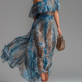 Megan — Long chiffon dress with leopard print and bare shoulders