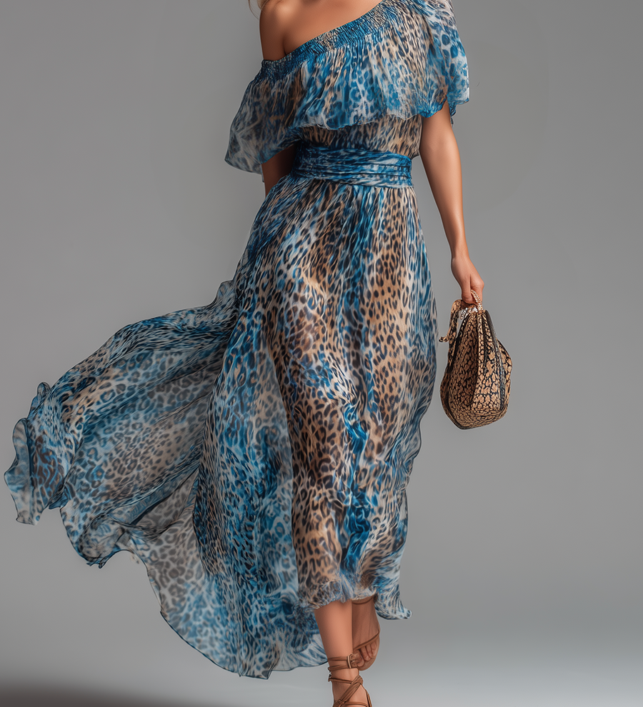 Megan — Long chiffon dress with leopard print and bare shoulders