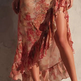 Elaine — Asymmetric Floral Dress with Slit and Ruffles