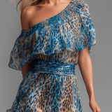 Megan — Long chiffon dress with leopard print and bare shoulders