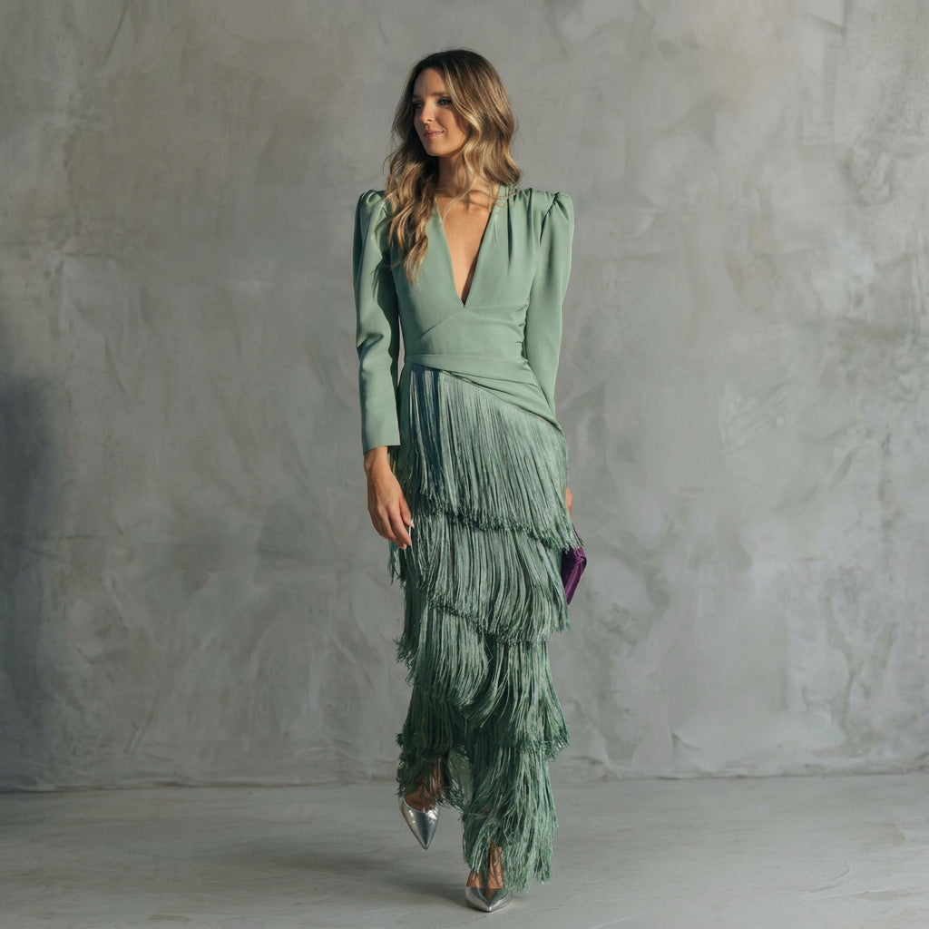 Leah — Long Fringe Dress with V-Neck