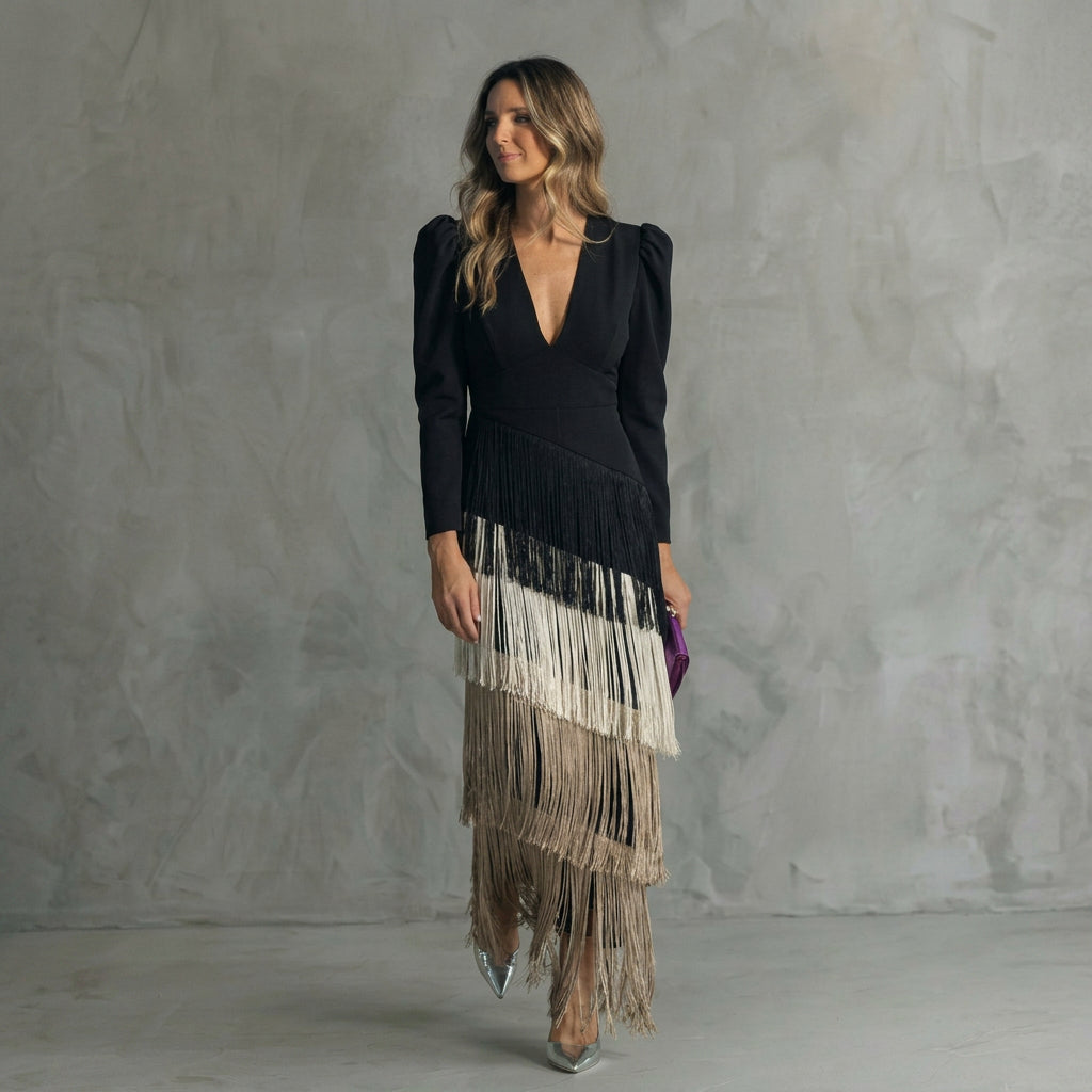 Leah — Long Fringe Dress with V-Neck