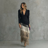 Leah — Long Fringe Dress with V-Neck