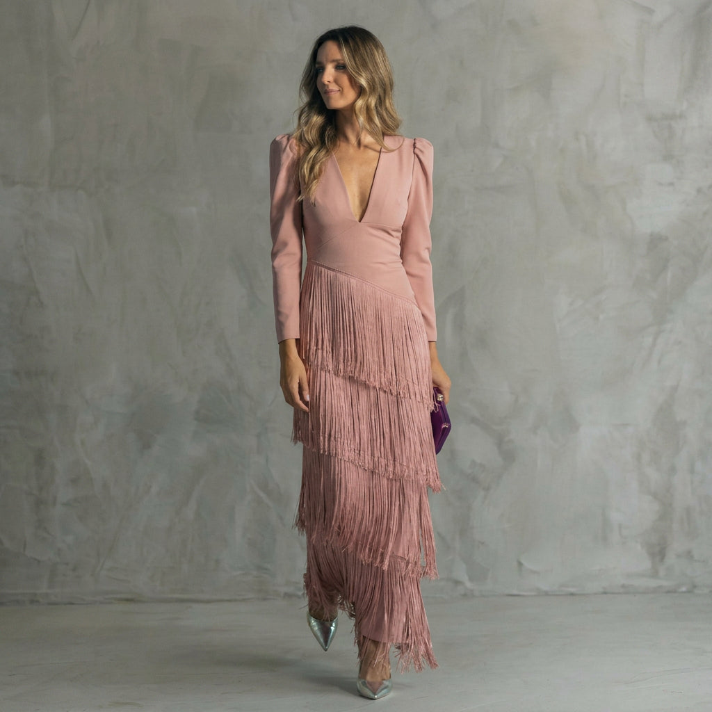 Leah — Long Fringe Dress with V-Neck