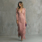Leah — Long Fringe Dress with V-Neck