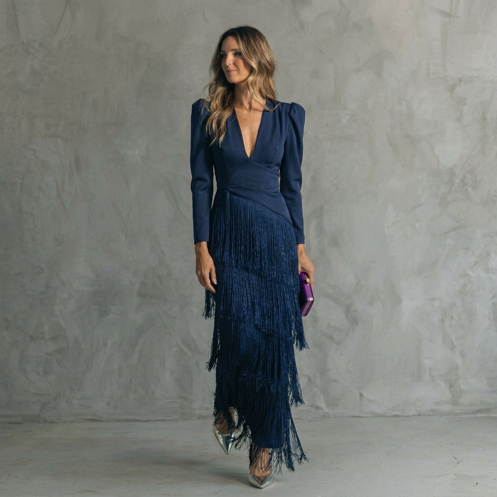 Leah — Long Fringe Dress with V-Neck