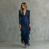Leah — Long Fringe Dress with V-Neck