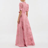 Monica — Long Dress in Floral Jacquard with Belt