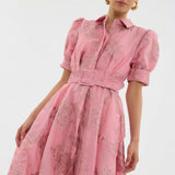 Monica — Long Dress in Floral Jacquard with Belt