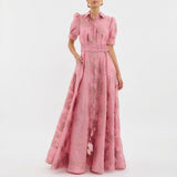 Monica — Long Dress in Floral Jacquard with Belt