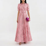 Monica — Long Dress in Floral Jacquard with Belt