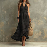 Caitlin — Black Bohemian High-necked Ruffled Lace Maxi Dress