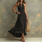 Caitlin — Black Bohemian High-necked Ruffled Lace Maxi Dress