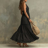 Caitlin — Black Bohemian High-necked Ruffled Lace Maxi Dress