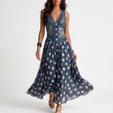 Pauline — Denim Dress with Polka Dot Chiffon Skirt