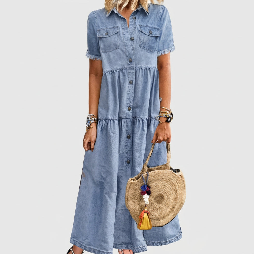 Caitríona — Long Buttoned Denim Dress