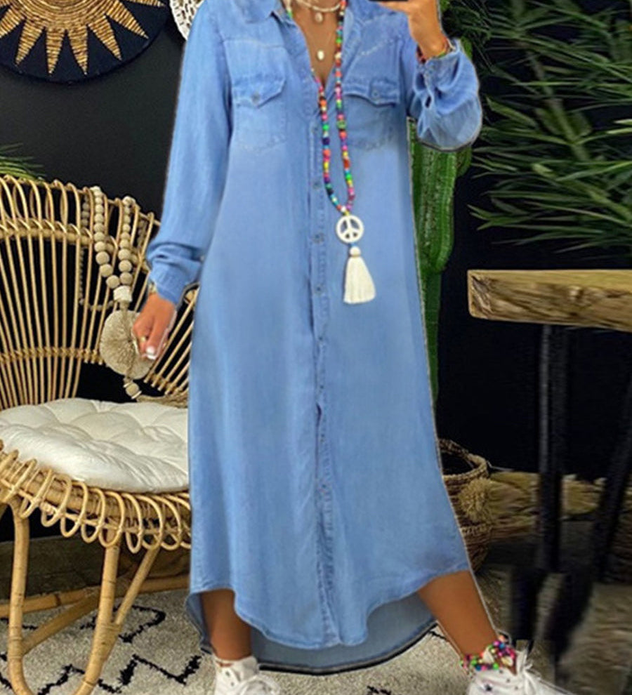 Nora — Casual Elegant Long Denim Shirt Dress